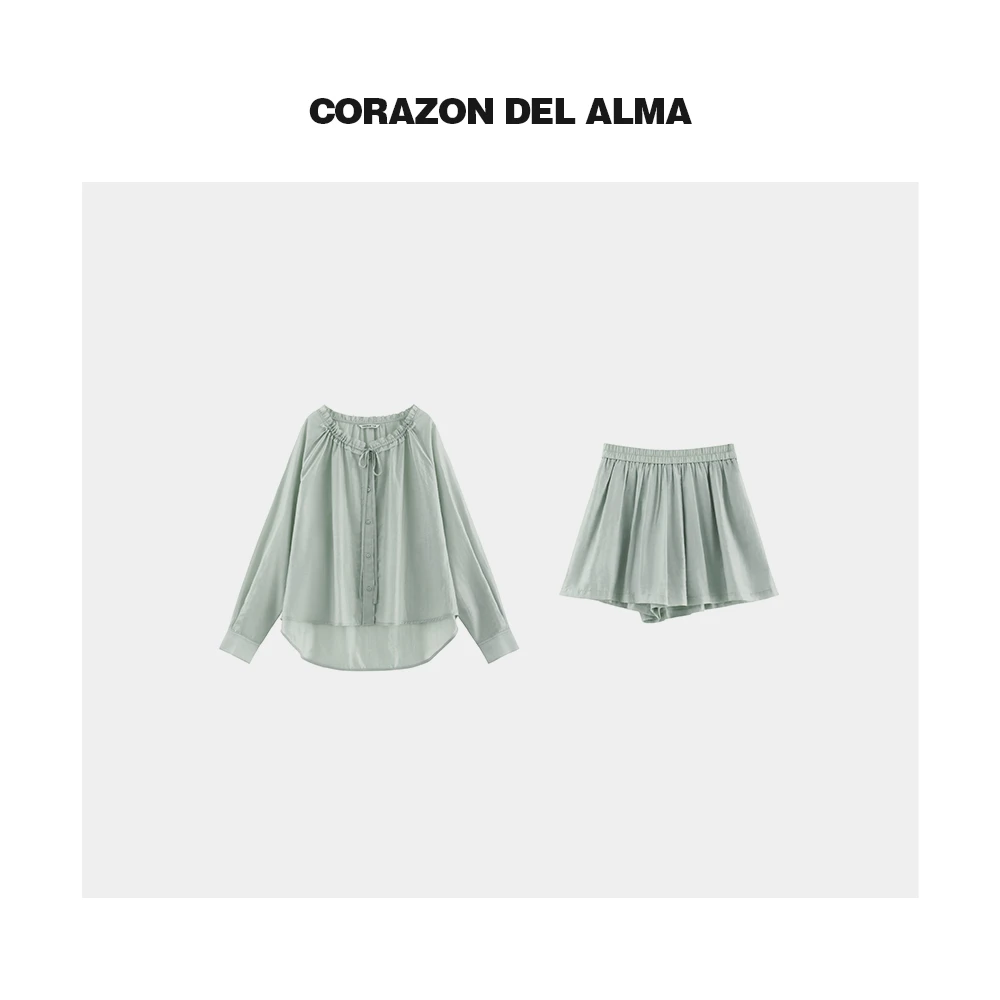 【青藤两件套】垂坠凉感亚麻混纺复古手工花边衬衫短裤套装-SS1251