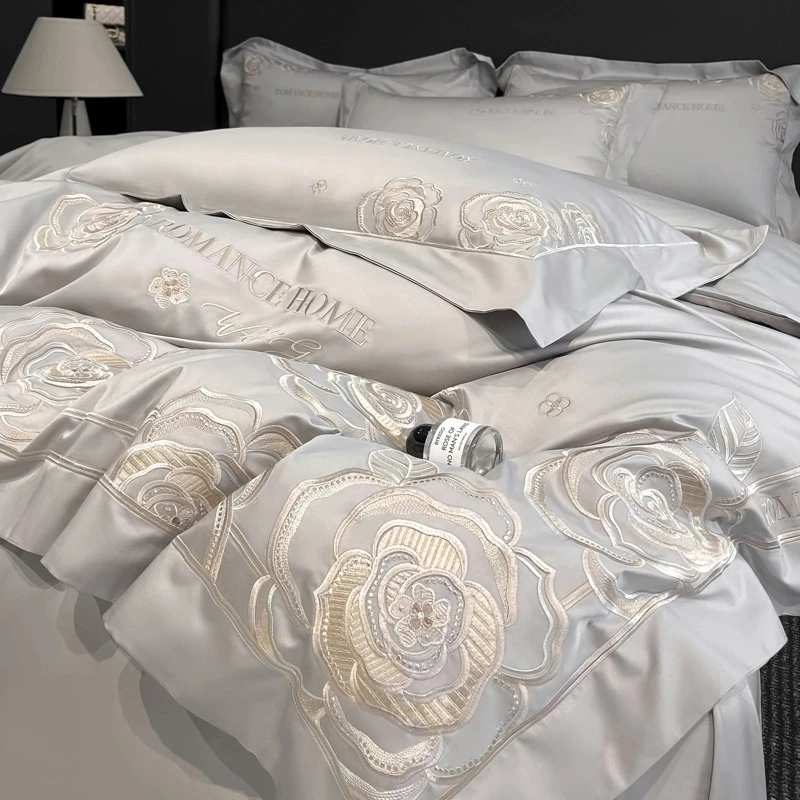 富安娜A类轻奢母婴纯棉四件套刺绣被套床单床笠100棉高级床上用品