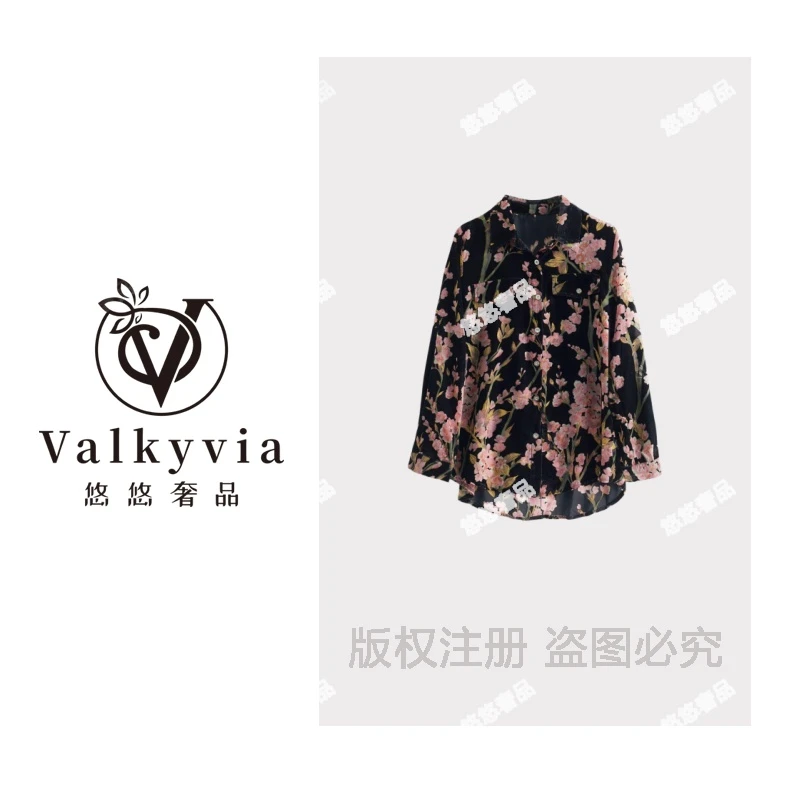 【Valkyvia/悠悠奢品】复古港味轻奢丝绒印花翻领气质显瘦衬衫CS621