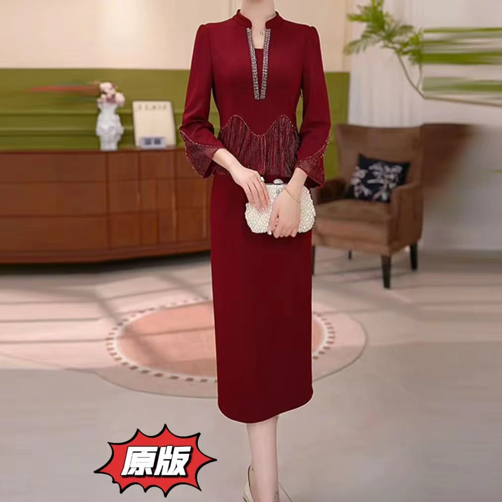 高档色织精纺时尚假两件连衣裙2025秋季新款显瘦洋气减龄礼服裙子