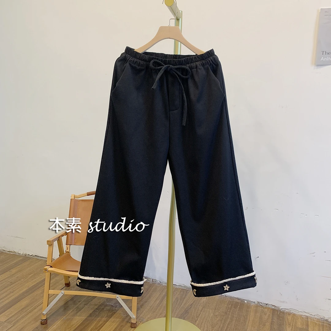 C3209加绒星月蕾丝边松紧腰系带宽松阔腿裤