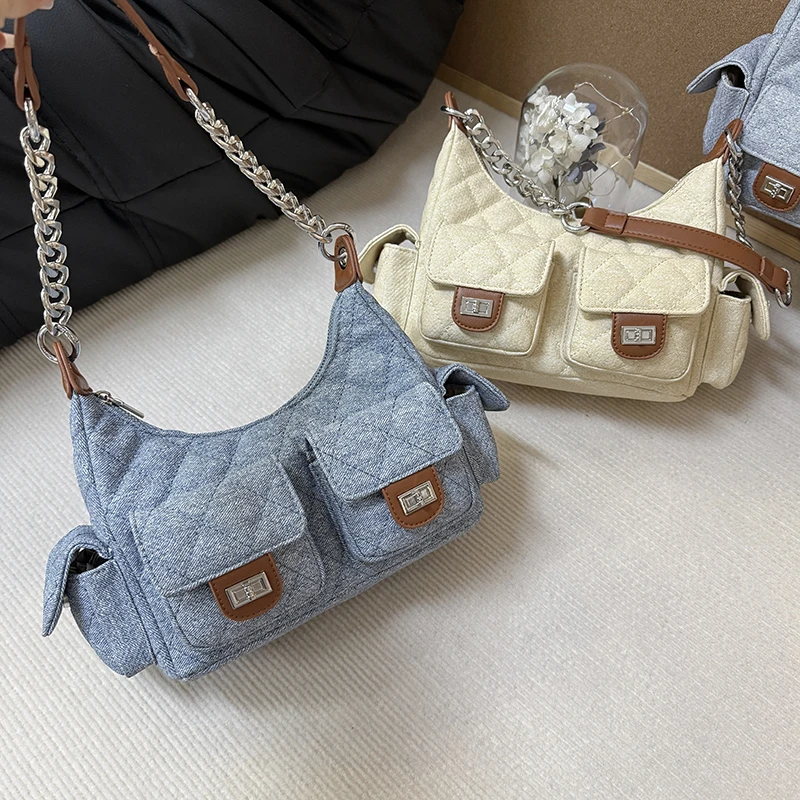 【西部牛仔】菱格牛仔小包包2025夏季新款单肩腋下包时尚通勤枕头包