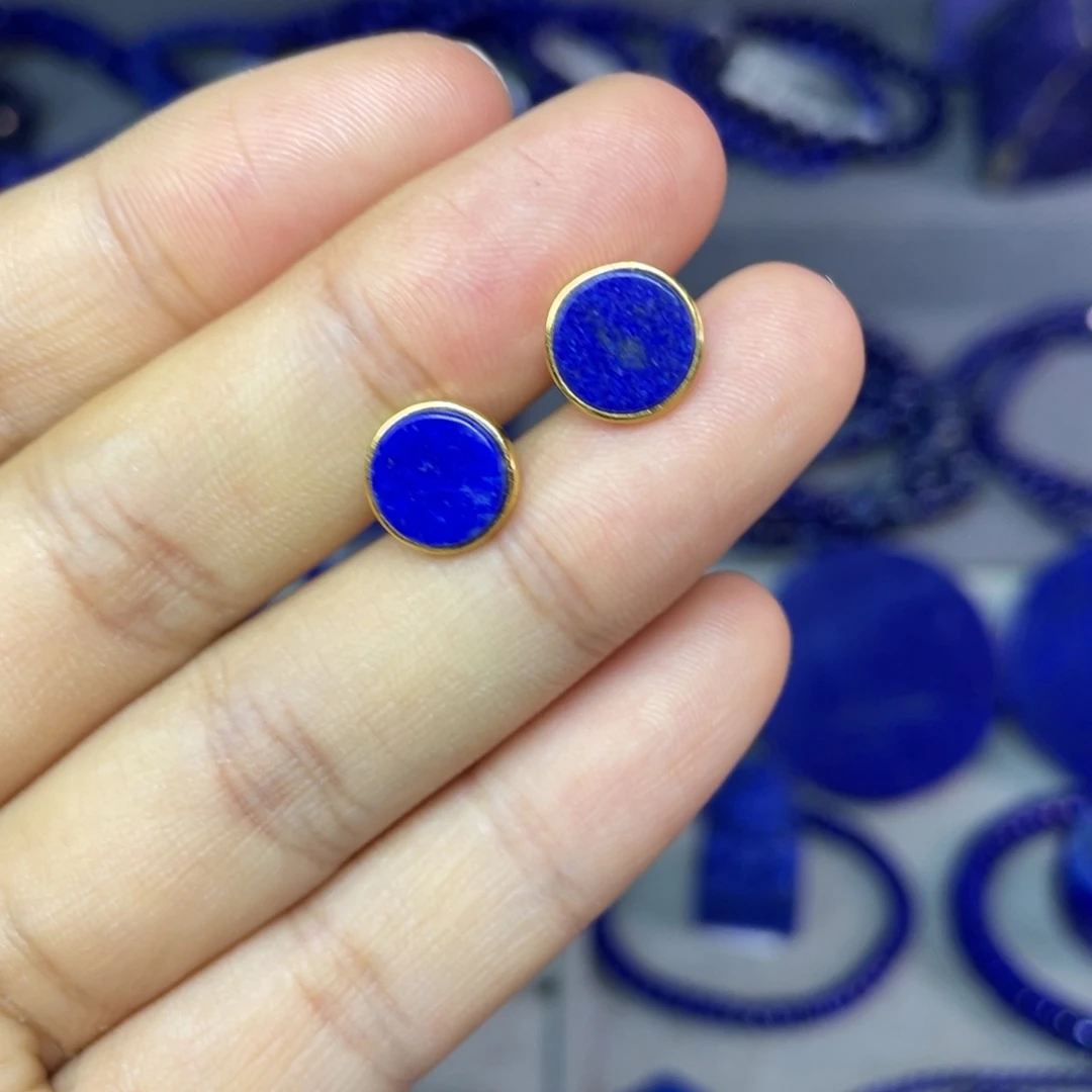 青金石银S925镀金镶嵌9mm耳饰