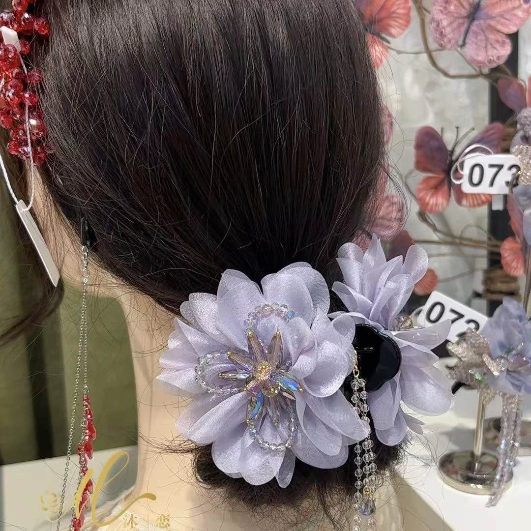 E143【香芋紫晶石珠花丸子夹】发饰手工