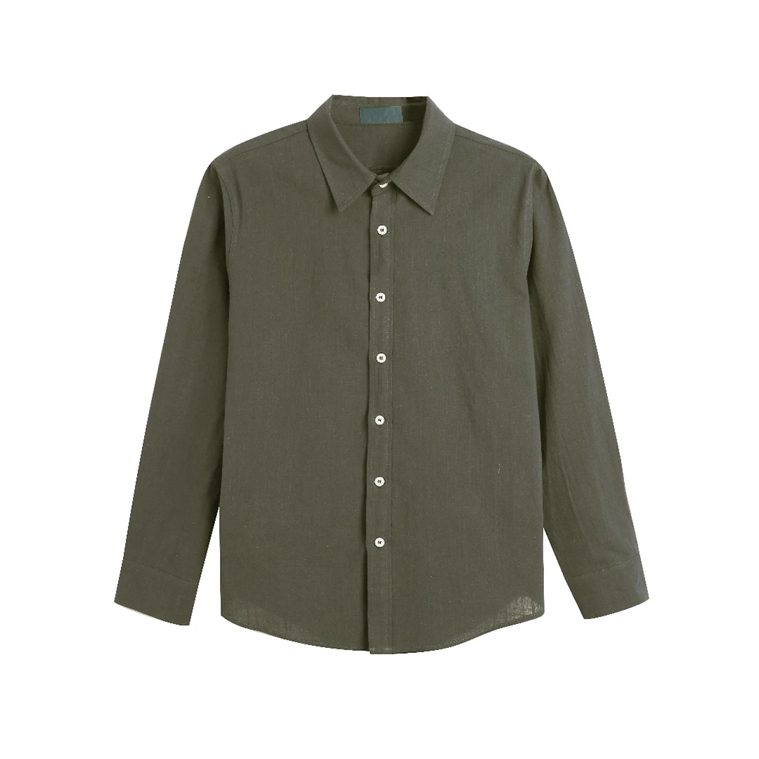 秋季100%亚麻 带LOGO刺绣简约长袖百搭翻领衬衫2503