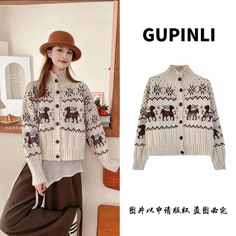 【麋鹿】新年厚款秋冬费尔岛提花针织衫毛衣女高领韩系毛衣慵懒风