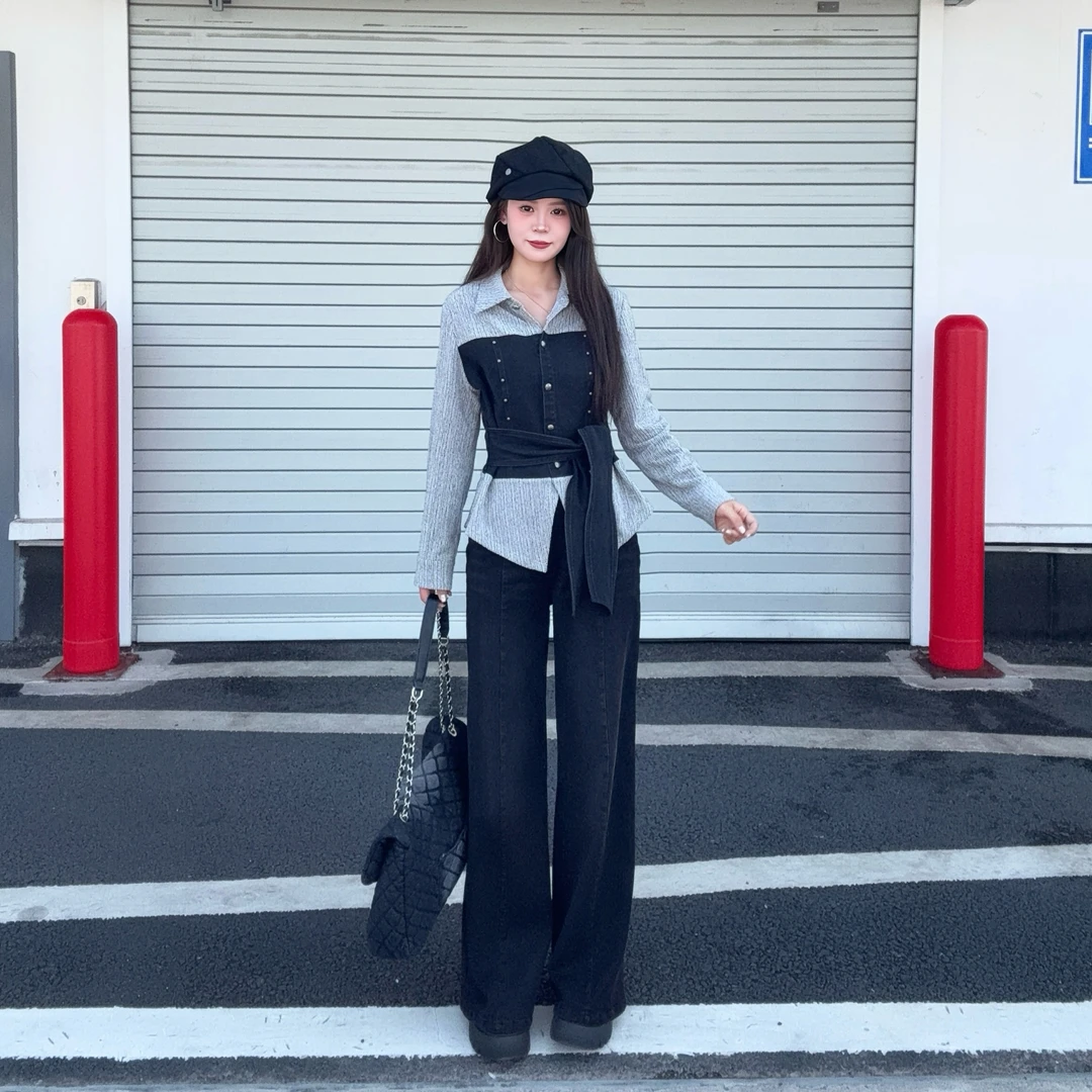 敏敏&南岛风大码女装秋季休闲牛仔拼接上衣胖mm显瘦牛仔裤ZZM245