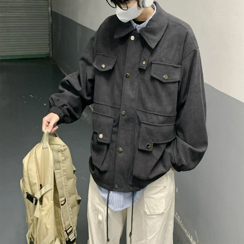 美拉德咖色灯芯绒夹克男款春秋季多口袋立体工装外套宽松休闲上衣