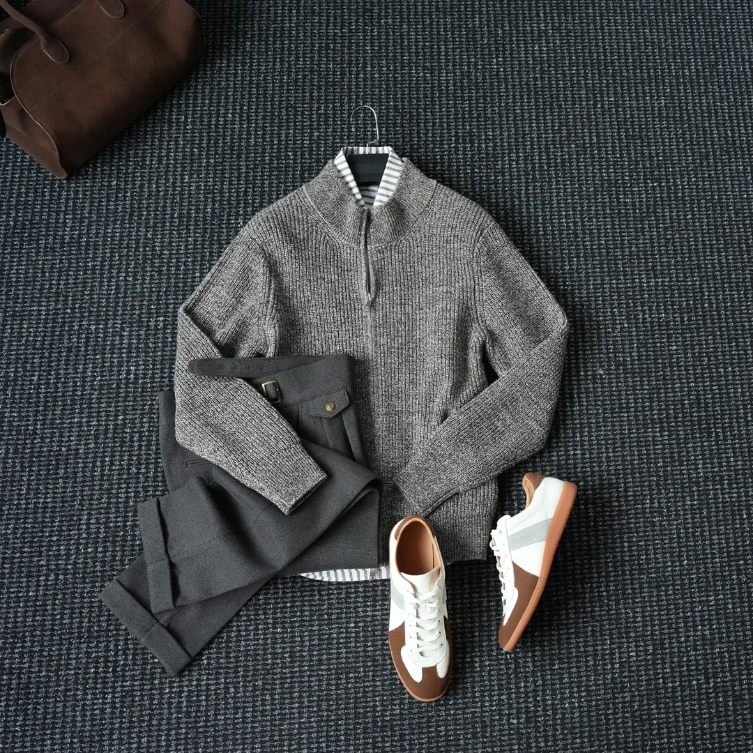 CssuGent（100%绵羊毛）冬季厚款花纱保暖针织毛衣开衫男老钱线衫