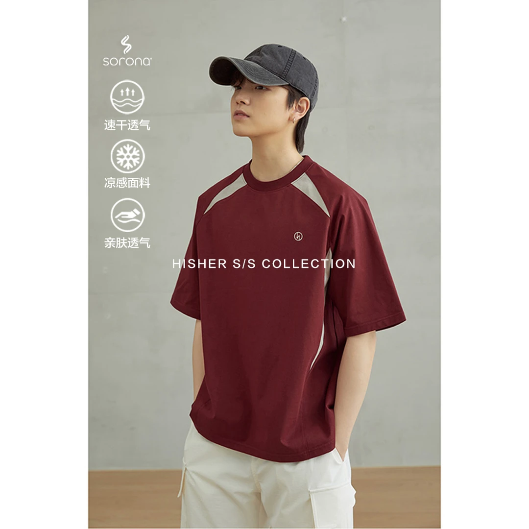 HISHER出柜小个子中性风撞色插肩冰感速干sorona防晒短袖刺绣T恤