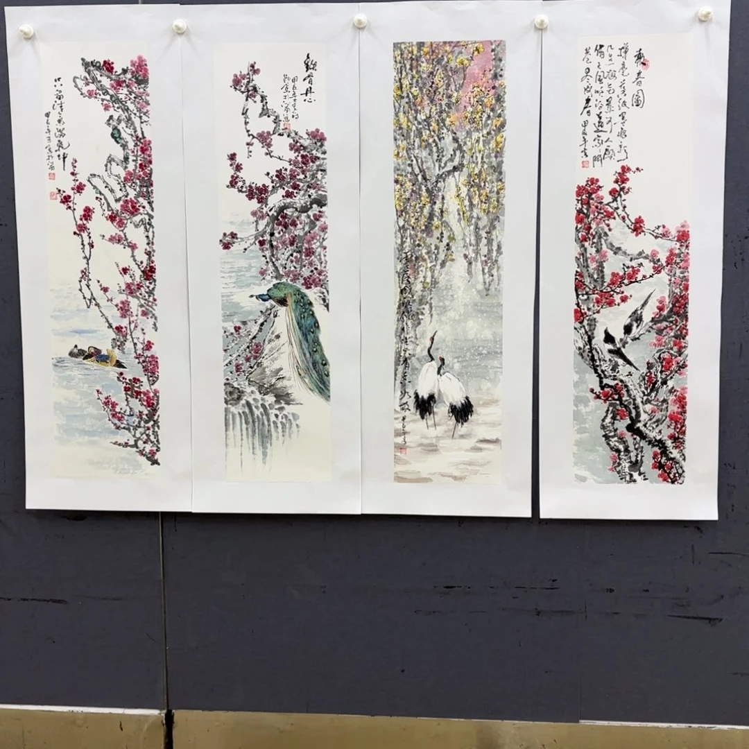 国画風**边杜成鹏四条屏李欣主播