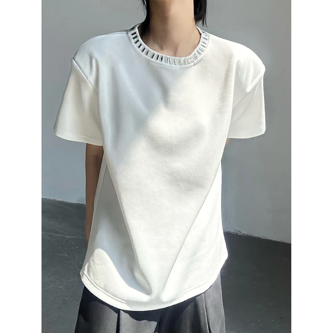 夏装高级感重磅闪亮亮片短袖T恤男小众手工钉钻嘻哈半袖垫肩t恤潮