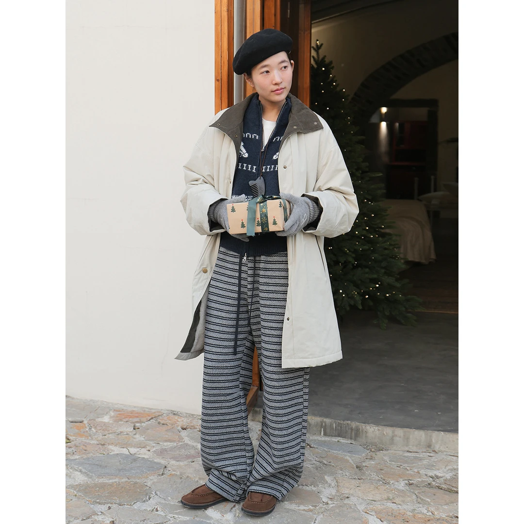 温暖黑科技松紧腰抽绳磨毛休闲裤秋冬冬季纹理感条纹长裤小个子