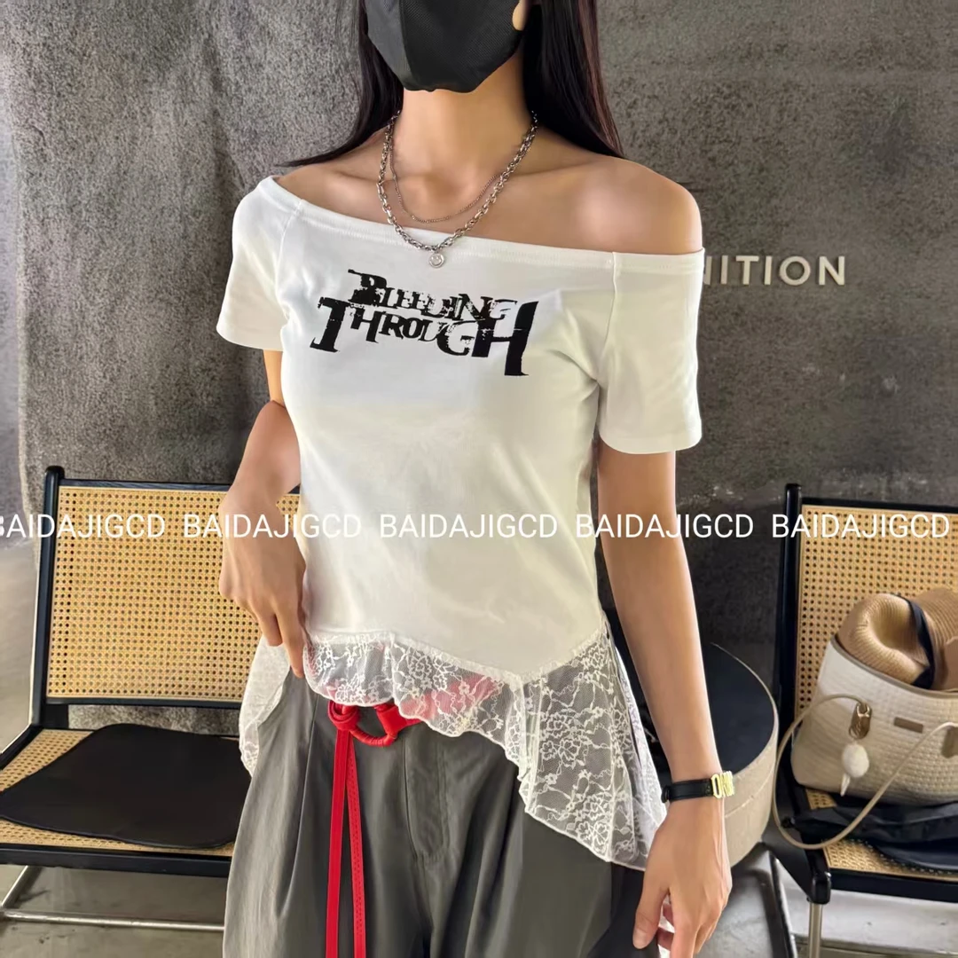 工厂店-（简约别致）夏季露肩设计感印花气质髦精蕾丝小衫（1085）