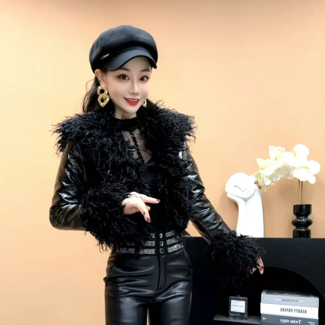 超好看大毛领漆皮加棉皮衣短外套秋冬新款