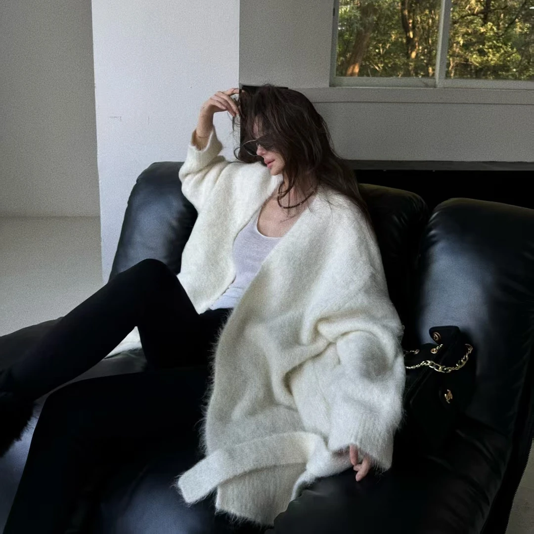 XYSF极简   高级慵懒轻奢羊驼毛绑带中长款自由开衫毛衣