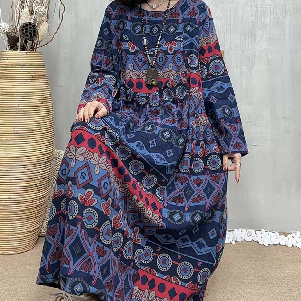 12186新款春秋民族风优雅减龄宽松大气碎花连衣裙QZ