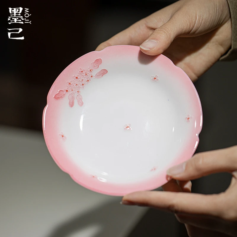 墨己玉泥白瓷手绘团花陶瓷壶承功夫茶具家用茶道配件茶点盘瓜果盘