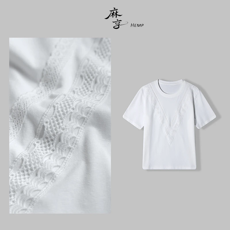重工刺绣T【云系列 ·索罗娜SLN】汉麻索罗娜蕾丝拼接T恤女FSY50643