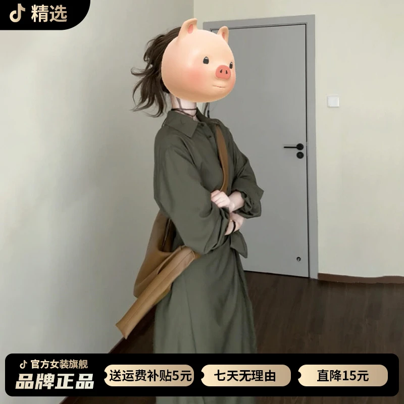 法式绿色长袖衬衫连衣裙子女装秋季2025新款早秋气质穿搭收腰长裙