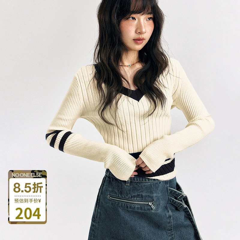 NO ONE ELSE美式复古女装撞色秋季V领坑条修身长袖毛衣条纹针织衫
