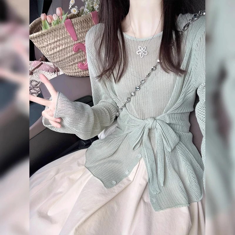 设计感绑带镂空防晒针织衫女夏季收腰别致绝美开叉温柔风韩系上衣