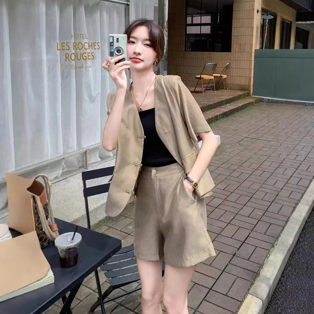 0薄款短袖西装套装2025夏季新款小个子气质短裤盐系炸街轻熟两