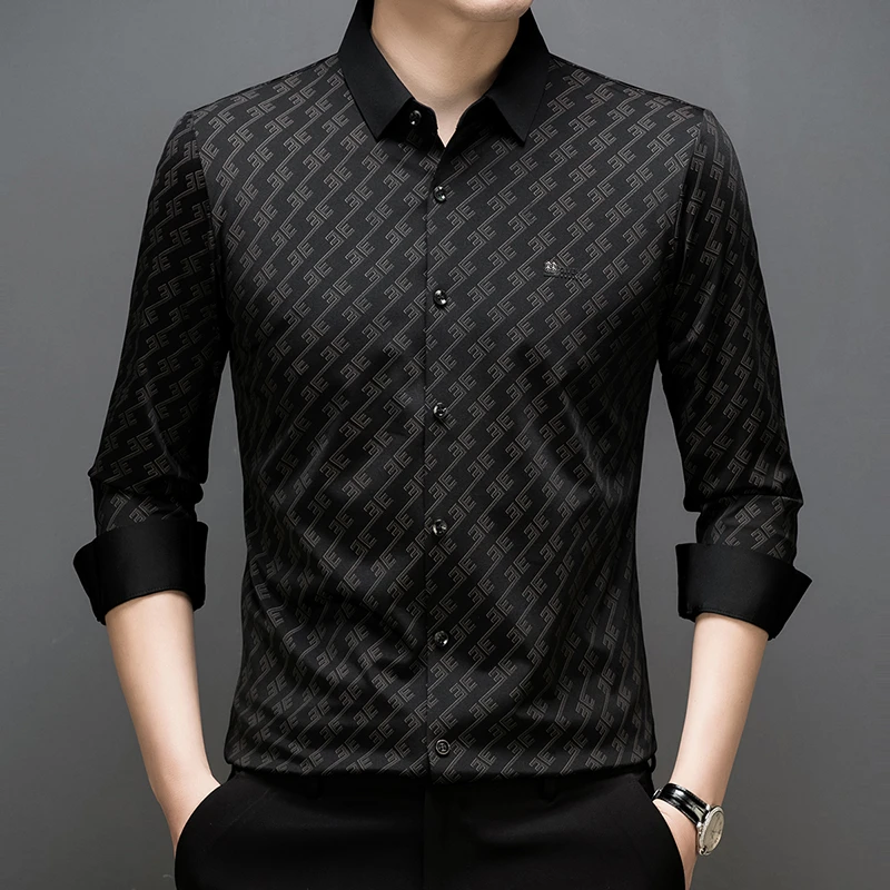 春季新款男装衬衫商务休闲时尚潮流百搭男士长袖衬衣无痕抗皱衬衣