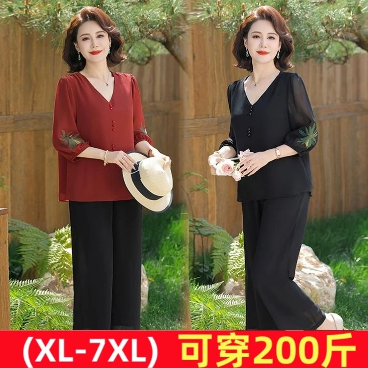 中年妈妈夏装套装2025新款短袖雪纺T恤中老年女休闲上衣服两件套