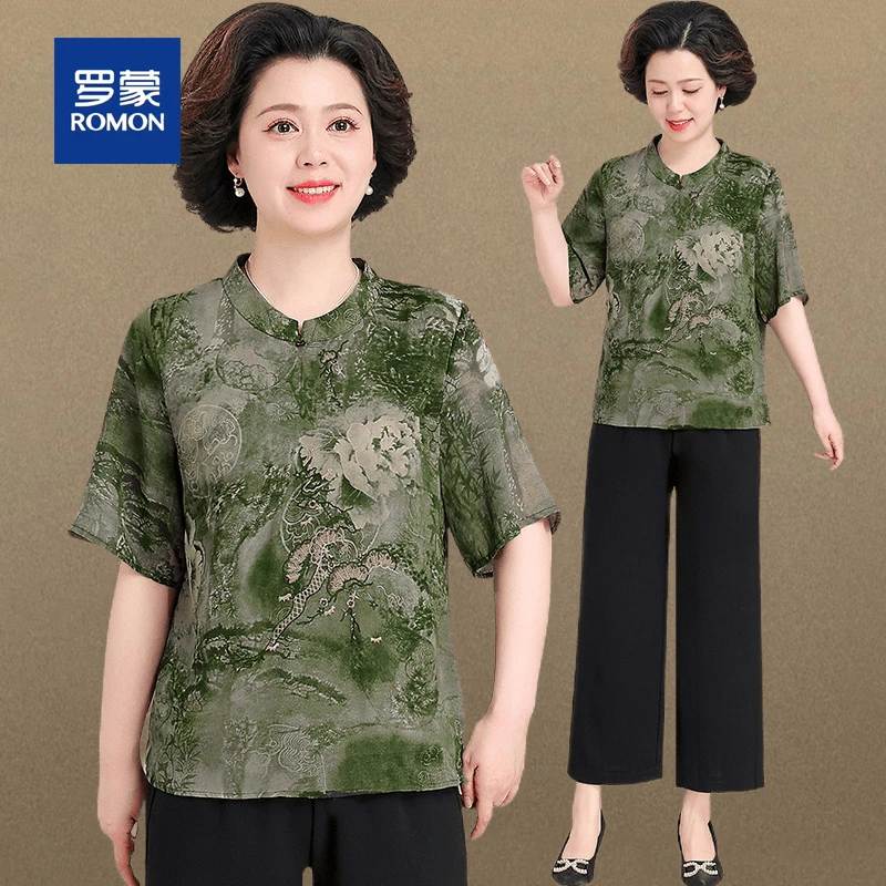 罗蒙小个子中年妈妈夏装中式雪纺衬衫套装中老年国风印花T恤衫女