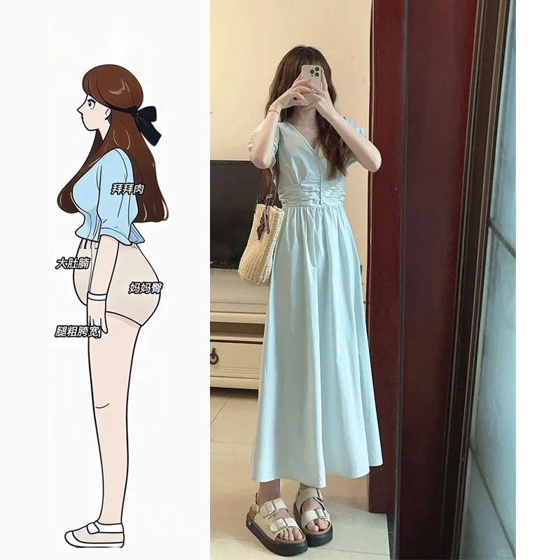 法式高级感蓝色V领泡泡袖气质连衣裙女夏季2025新款中长大摆裙子