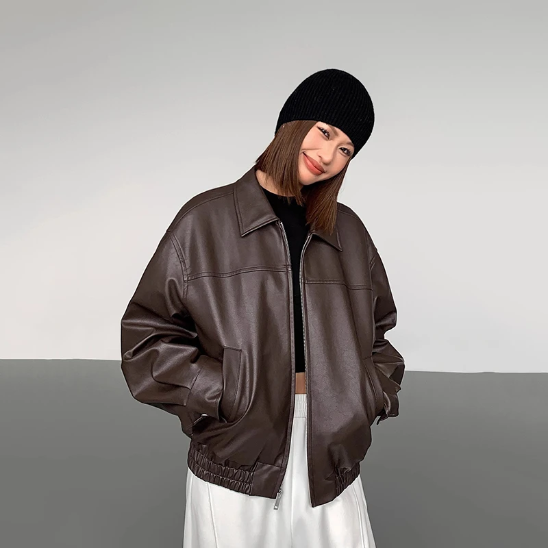 2025秋冬季新款咖啡色复古设计感皮衣外套宽松休闲PU皮夹克上衣女
