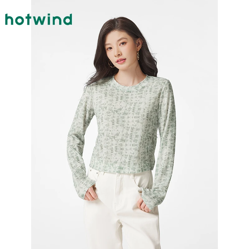 热风长袖T2025年春季新款印花舒适修身T恤内搭打底衫女F09W25106