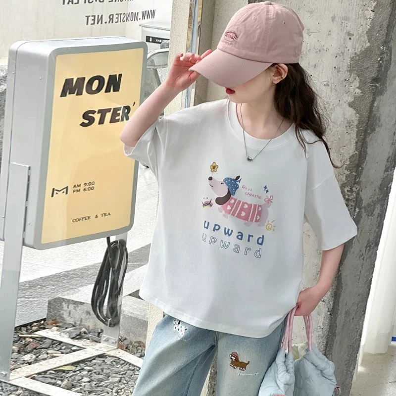 女童纯棉短袖2025夏季新品小狗印花T恤儿童百搭半袖宽松女孩夏装t