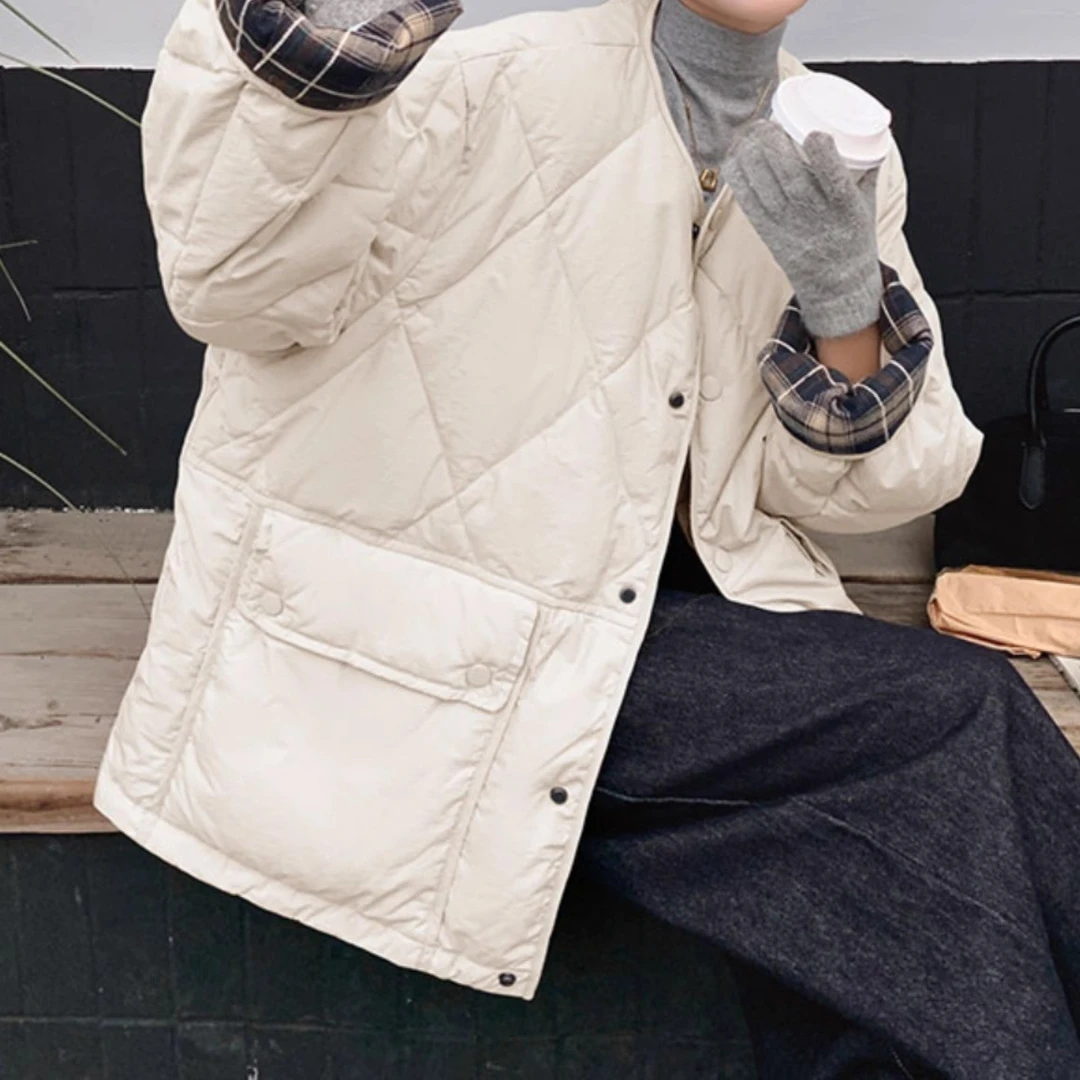 2025冬季宽松时尚棉服女新款拼接格纹保暖圆领外套