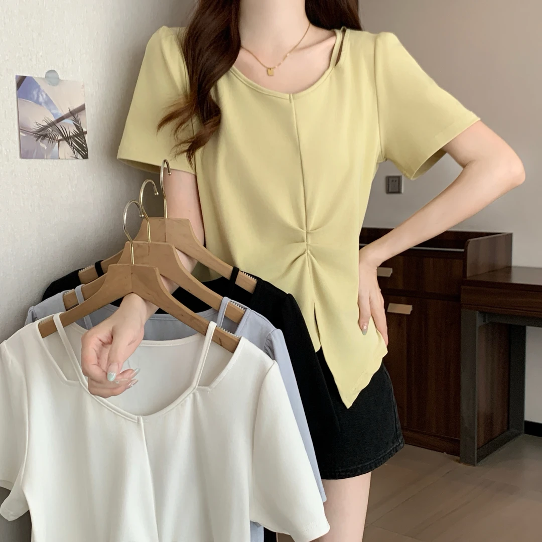 时尚显瘦V领常规款短袖通用大码T恤纯色韩式宽松型通勤风镂空常规