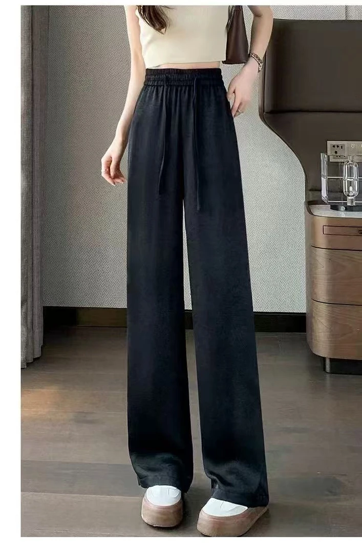 8308夏季新款薄款高腰垂感小个子冰丝缎面窄版直筒裤女