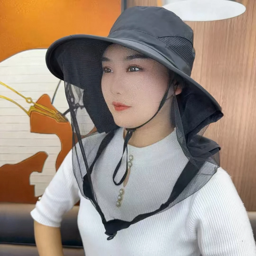 防蚊帽户外钓鱼帽男女遮脸防晒帽透气网纱面罩夜钓防虫防蜂帽大檐