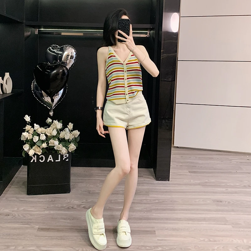 撞色条纹挂脖针织背心女夏季纯欲v领无袖显瘦设计感小上衣套装