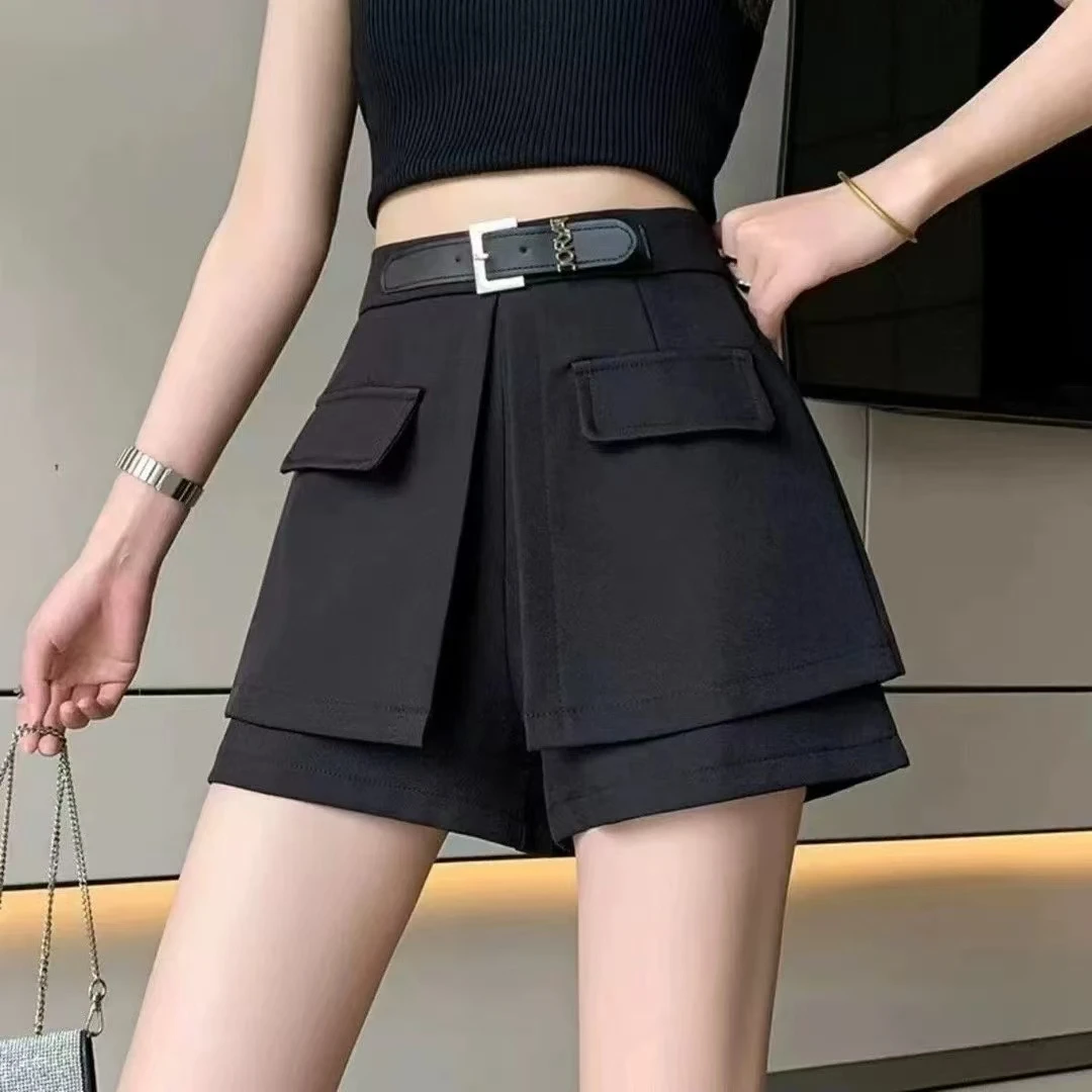 爆款早秋假两件裙裤女小众黑色西装短裤小个子高腰显瘦阔腿裤裙