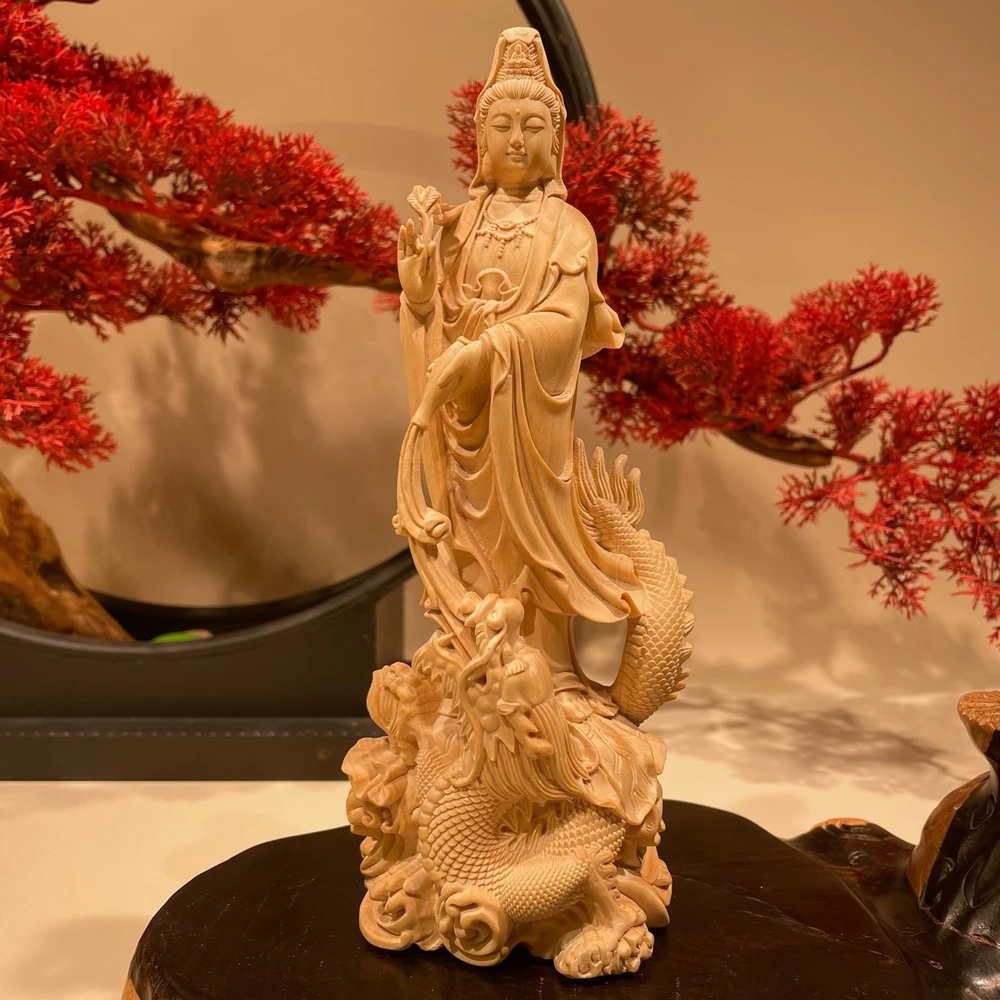 小叶黄杨木雕御龙观音摆件高端家居装饰品精雕工艺品精致供奉佛相