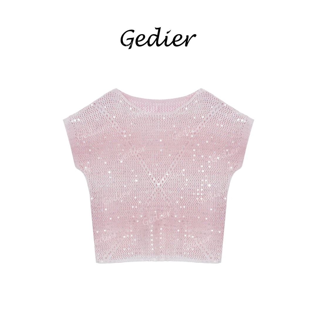 【艺菲专属】春夏新款渐色亮片时尚气质百搭针织短袖MCJ0051