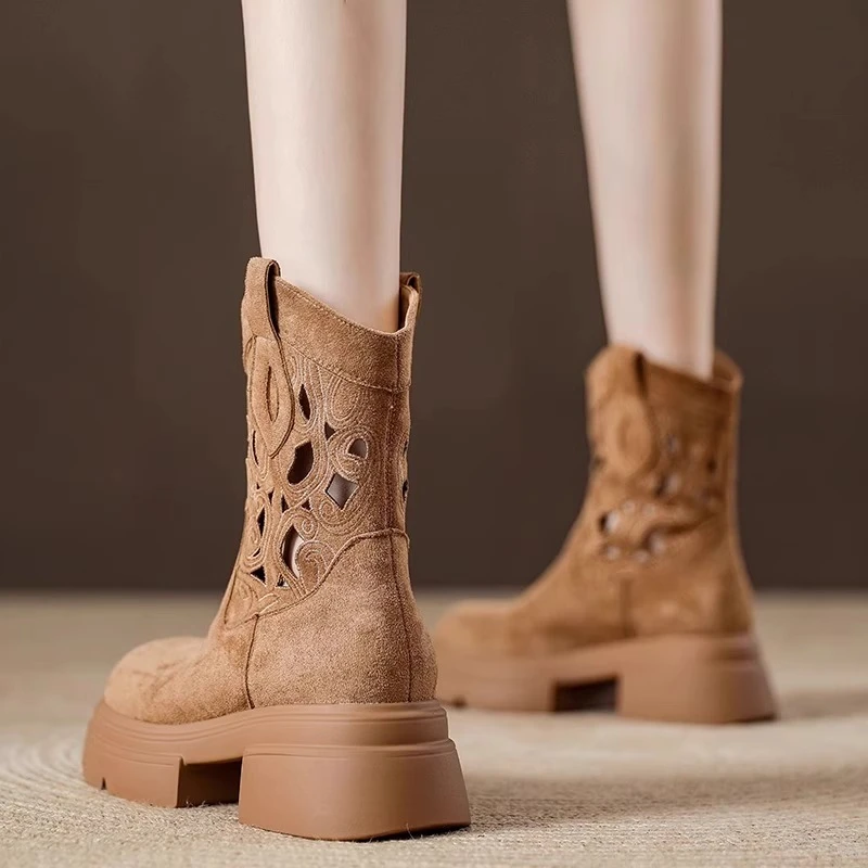 2025新款厚底复古镂空西部牛仔小短靴夏季透气增高凉靴中筒马丁靴