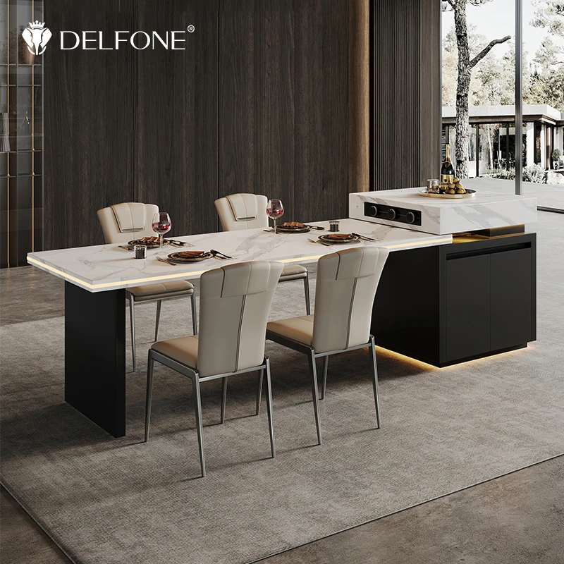 德利丰岩板岛台一体岛台可伸缩松弛感功能烧水壶电磁炉岛台轻奢