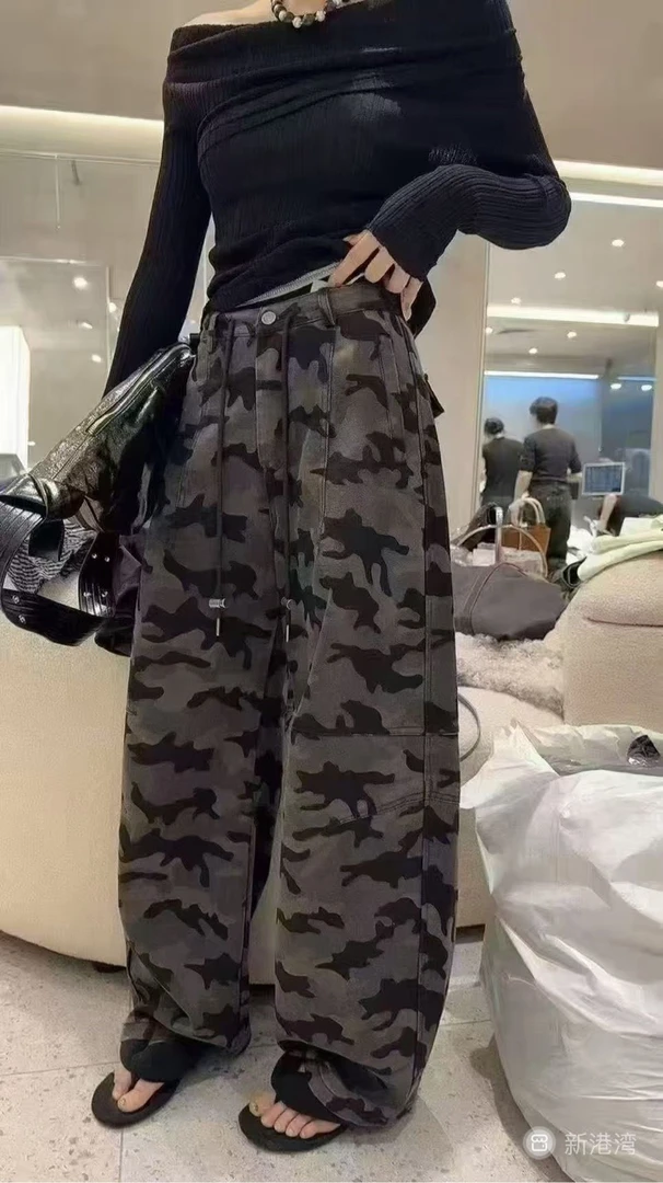 秋季洋气迷彩工装牛仔裤女宽松大码弯刀裤显瘦