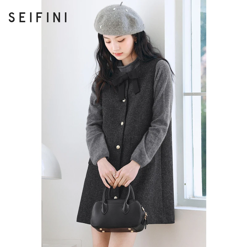 【灰天鹅】诗凡黎年会无袖毛呢连衣裙2025春新款中长裙3FC190701