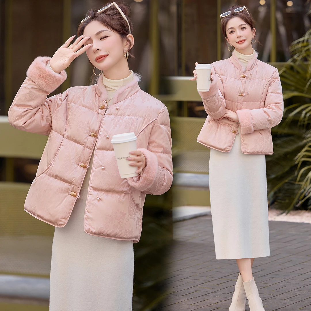 新中式国风水貂毛拼接羽绒服女2025冬季新款复古盘扣白鸭绒短外套