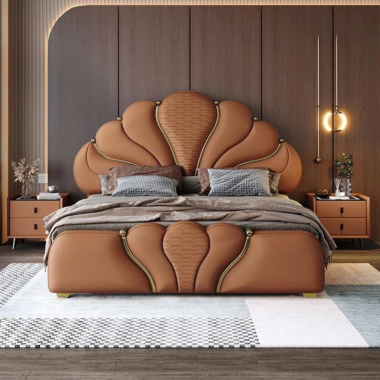 新中式现代双人简约祥云款别墅主卧室奢华高端真皮大床