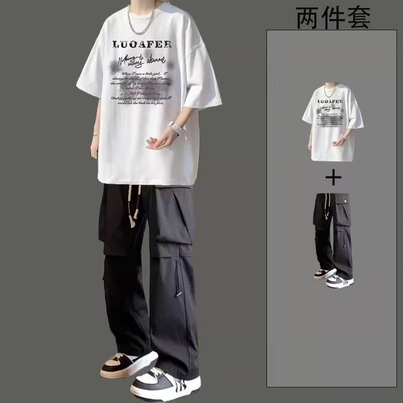 休闲套装男夏季薄款衣服青少年短袖t恤潮牌一整套酷帅穿搭工装裤