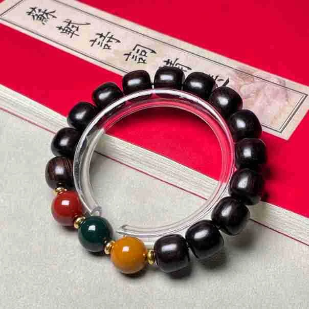 紫光檀黑檀木红绿灯三色老型珠原木民族风新中式手饰手链佛珠手串